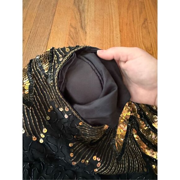 Vintage 80s Laurence Kazar Black Gold Cocktail Silk Sequin Beaded Midi Dress - Picture 7 of 10